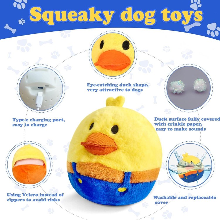 Upgraded Rechargeable Interactive Moving Dog Toy Funny Plush Jumping Duck Toy Talking Squeaky Bouncing Ball with Recording Playback Superior Crinkle Paper Fully Covered Crazy Duck Dog Toy