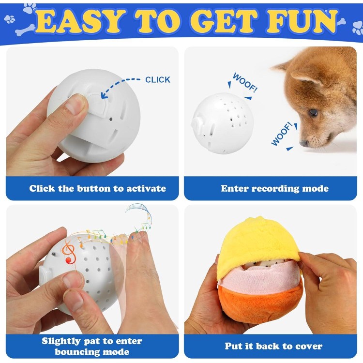 Upgraded Rechargeable Interactive Moving Dog Toy Funny Plush Jumping Duck Toy Talking Squeaky Bouncing Ball with Recording Playback Superior Crinkle Paper Fully Covered Crazy Duck Dog Toy