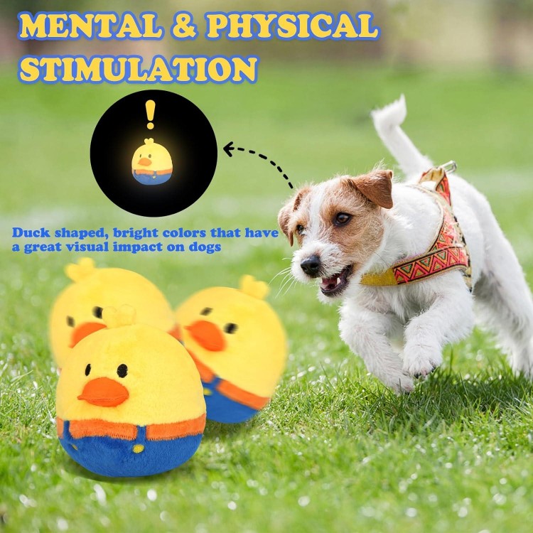 Upgraded Rechargeable Interactive Moving Dog Toy Funny Plush Jumping Duck Toy Talking Squeaky Bouncing Ball with Recording Playback Superior Crinkle Paper Fully Covered Crazy Duck Dog Toy