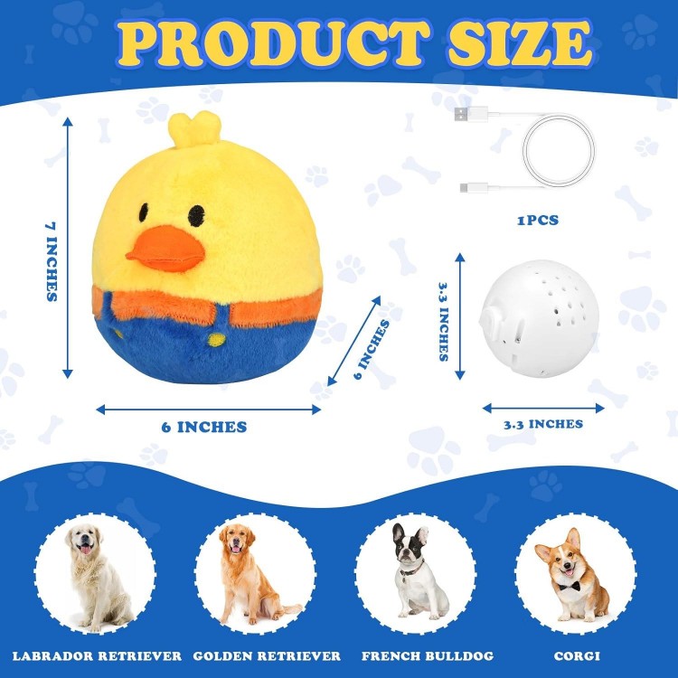 Upgraded Rechargeable Interactive Moving Dog Toy Funny Plush Jumping Duck Toy Talking Squeaky Bouncing Ball with Recording Playback Superior Crinkle Paper Fully Covered Crazy Duck Dog Toy