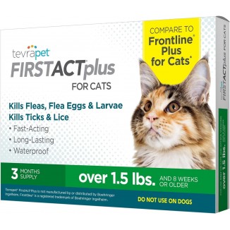 TevraPet FirstAct Plus Flea and Tick Topical for Cats over 1.5lbs, 3 Dose Waterproof Flea and Tick Control/Prevention for 3 Months