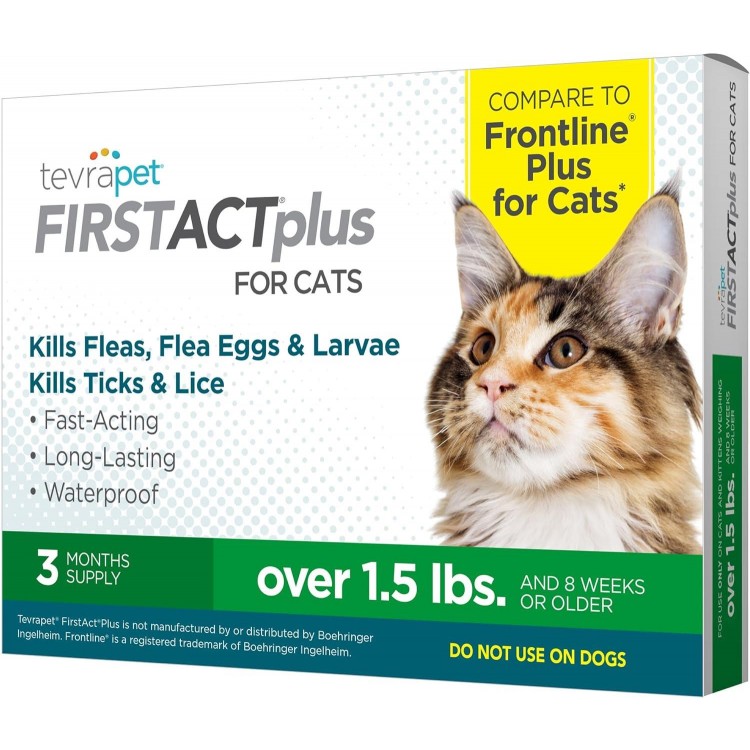 TevraPet FirstAct Plus Flea and Tick Topical for Cats over 1.5lbs, 3 Dose Waterproof Flea and Tick Control/Prevention for 3 Months