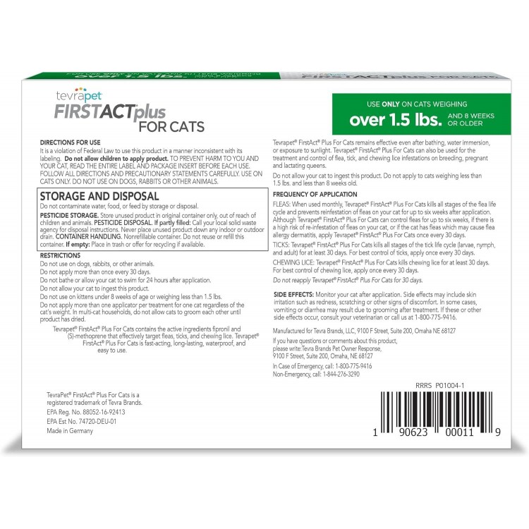 TevraPet FirstAct Plus Flea and Tick Topical for Cats over 1.5lbs, 3 Dose Waterproof Flea and Tick Control/Prevention for 3 Months