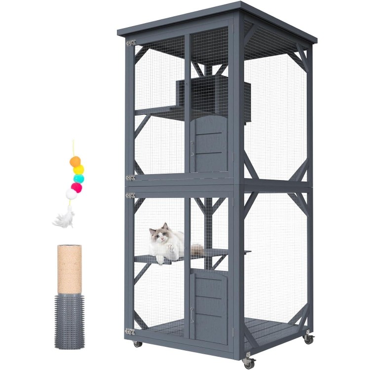 Catio Outdoor Cat House, Wooden Large Enclosure with Run on Wheels, 64 Outdoor/Indoor Cat Catio for Multiple Cats with Waterproof Roof, Platforms, Resting Box, Cat Scratching Post