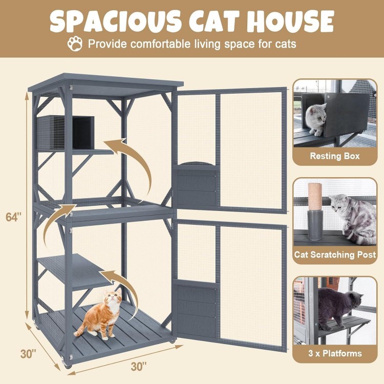 Catio Outdoor Cat House, Wooden Large Enclosure with Run on Wheels, 64 Outdoor/Indoor Cat Catio for Multiple Cats with Waterproof Roof, Platforms, Resting Box, Cat Scratching Post