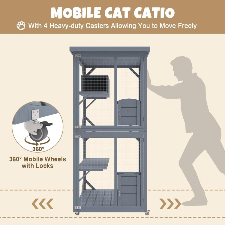 Catio Outdoor Cat House, Wooden Large Enclosure with Run on Wheels, 64 Outdoor/Indoor Cat Catio for Multiple Cats with Waterproof Roof, Platforms, Resting Box, Cat Scratching Post