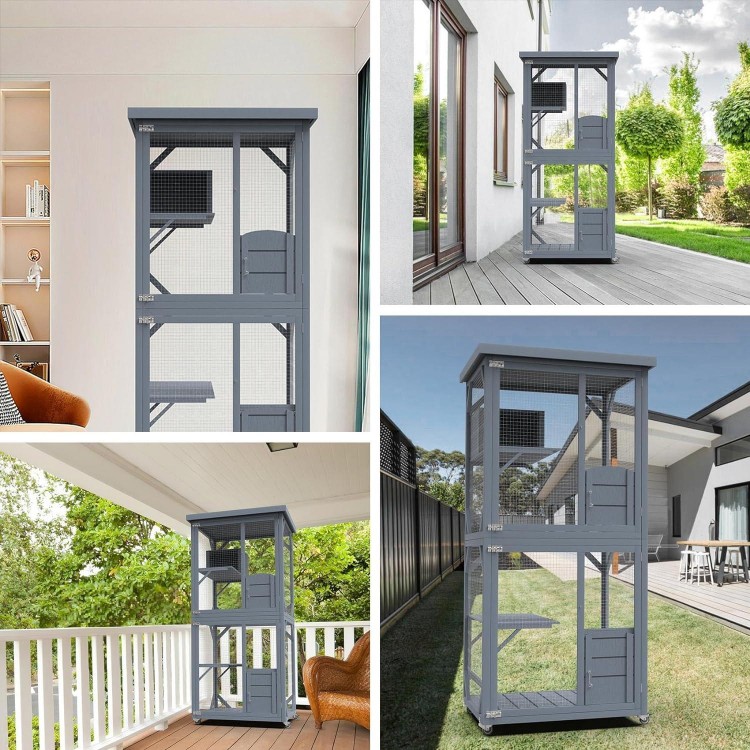 Catio Outdoor Cat House, Wooden Large Enclosure with Run on Wheels, 64 Outdoor/Indoor Cat Catio for Multiple Cats with Waterproof Roof, Platforms, Resting Box, Cat Scratching Post