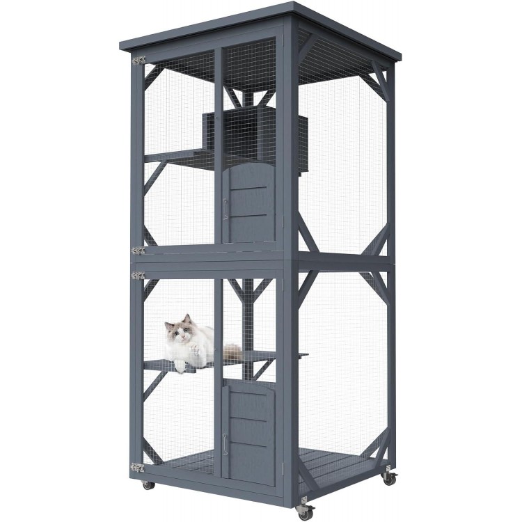 Catio Outdoor Cat House, Wooden Large Enclosure with Run on Wheels, 64 Outdoor/Indoor Cat Catio for Multiple Cats with Waterproof Roof, Platforms, Resting Box, Cat Scratching Post