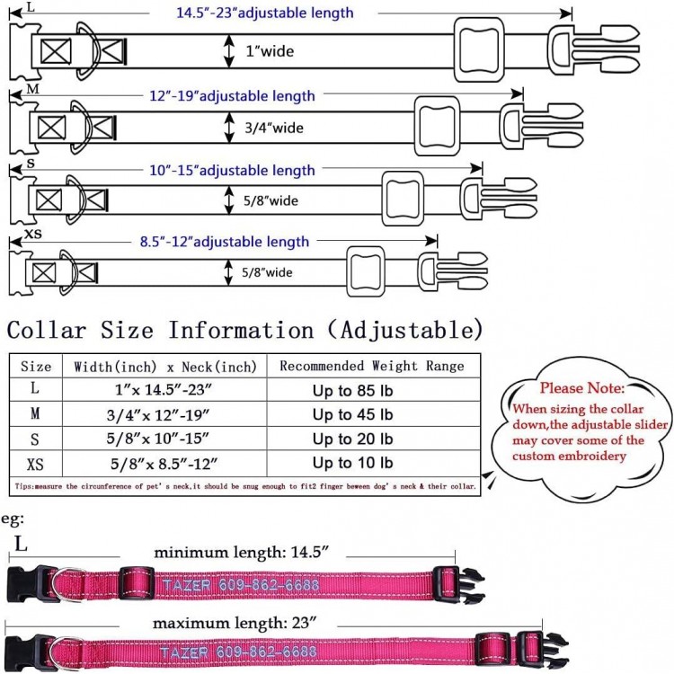 Personalized Dog Collar, Custom Embroidered Pet Name and Phone Number 4 Adjustable Sizes X-Small Small Medium Large Quick Release Buckle and D-Ring