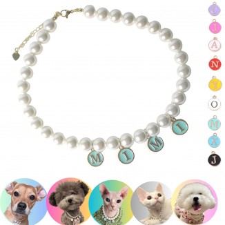 Personalized Pet Pearl Necklace with 9 Color Tags - Customizable Collar and Personalized Tag for Dogs and Cats - Adorable Pet Costume Birthday Outfit Accessory, Customized Christmas Gift for Pets