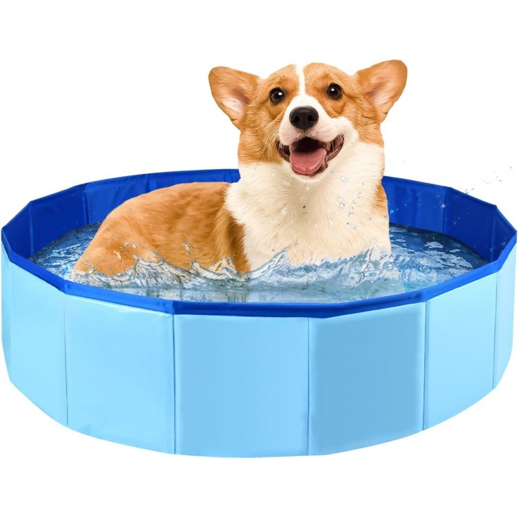 Folding Dog Pool, Portable PVC Swimming Pool 24 x 8 Inch Folding Dog Cat Bath Tub Indoor Collapsible Ball Pit for Puppies (Blue)