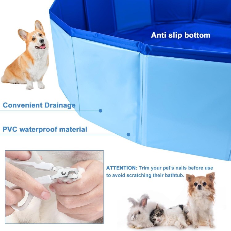 Folding Dog Pool, Portable PVC Swimming Pool 24 x 8 Inch Folding Dog Cat Bath Tub Indoor Collapsible Ball Pit for Puppies (Blue)