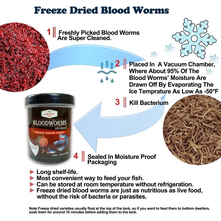 Amzey Blood Worms 0.5 oz -100% Natural Freeze Dried Blood Worms - Aquarium High Protein Food for Betta Fish, Goldfish, Cichlid, Guppy, Discus, Turtle