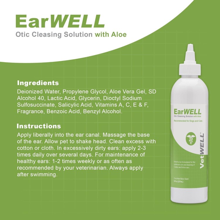 VetWELL Ear Cleaner for Dogs and Cats - Otic Rinse for Infections and Controlling Ear Infections and Odor in Pets - 8 oz (Cucumber Melon)