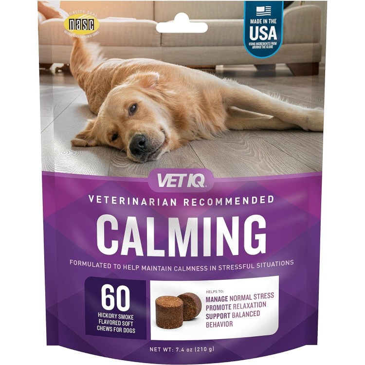 VetIQ Calming Support Supplement for Dogs, Calming Chews Help Manage Stress and Promote Relaxation, Anxiety Relief for Dogs, Made in The USA, 60 Count