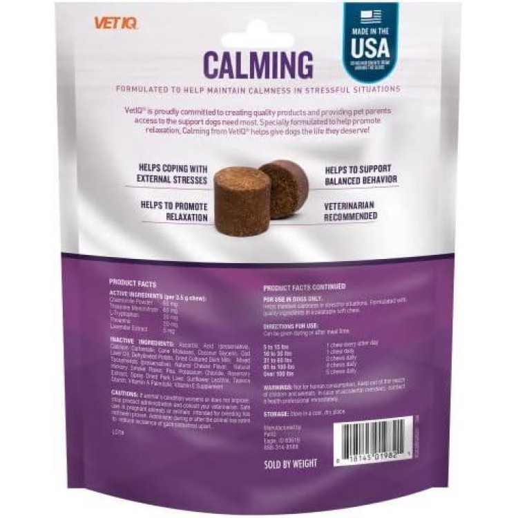 VetIQ Calming Support Supplement for Dogs, Calming Chews Help Manage Stress and Promote Relaxation, Anxiety Relief for Dogs, Made in The USA, 60 Count