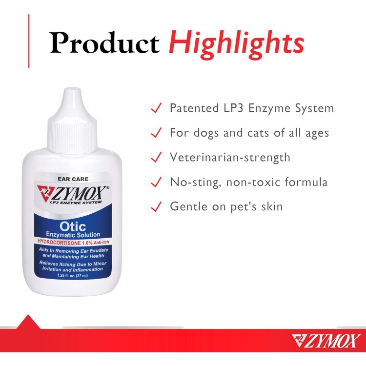 Zymox Otic Enzymatic Solution for Dogs and Cats to Soothe Ear Infections with 1% Hydrocortisone for Itch Relief, 1.25oz