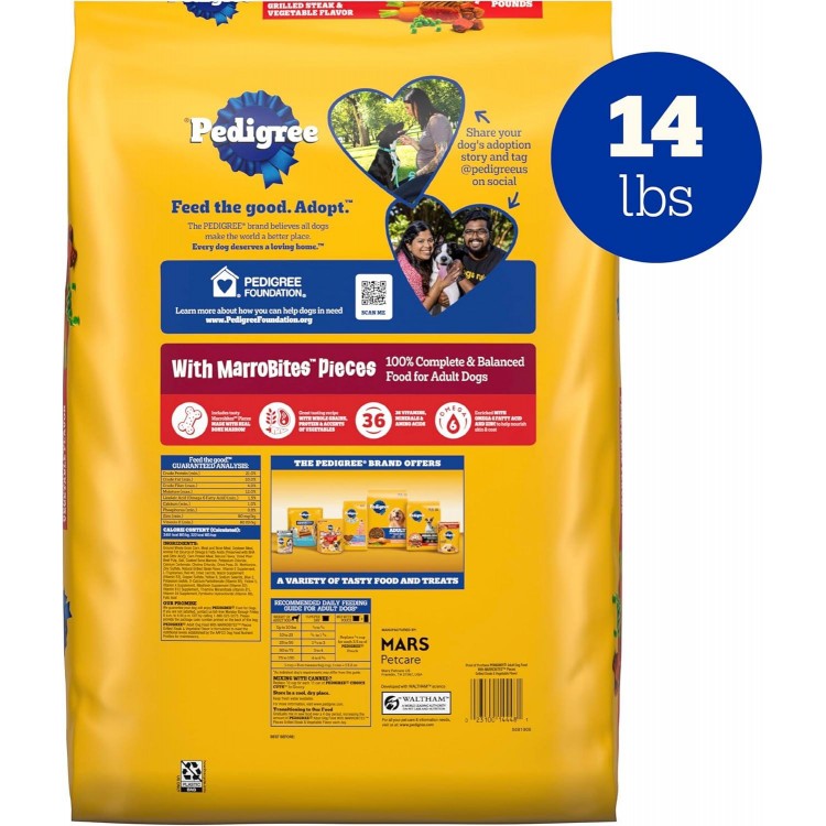 Pedigree with MarroBites Pieces Adult Dry Dog Food, Grilled Steak and Vegetable Flavor, 14 lb. Bag