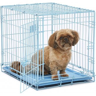 MidWest Homes for Pets Single Door Blue Folding Metal Dog Crate w/ Divider Panel, Floor Protecting 'Roller' Feet & Leak Proof Plastic Tray, 24L x 18W x 19H Inches, Small Dog Breed