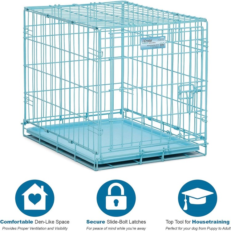 MidWest Homes for Pets Single Door Blue Folding Metal Dog Crate w/ Divider Panel, Floor Protecting 'Roller' Feet & Leak Proof Plastic Tray, 24L x 18W x 19H Inches, Small Dog Breed