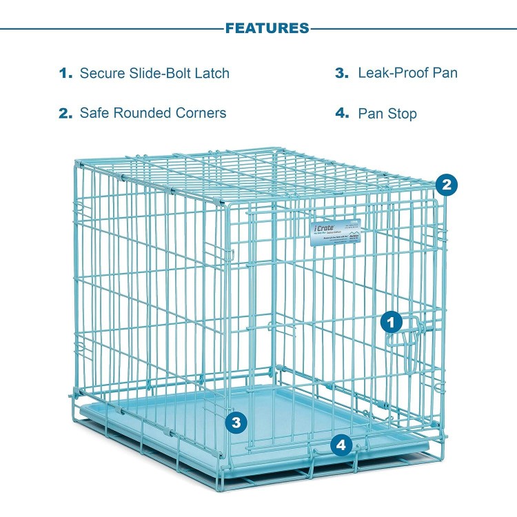 MidWest Homes for Pets Single Door Blue Folding Metal Dog Crate w/ Divider Panel, Floor Protecting 'Roller' Feet & Leak Proof Plastic Tray, 24L x 18W x 19H Inches, Small Dog Breed