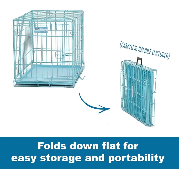 MidWest Homes for Pets Single Door Blue Folding Metal Dog Crate w/ Divider Panel, Floor Protecting 'Roller' Feet & Leak Proof Plastic Tray, 24L x 18W x 19H Inches, Small Dog Breed