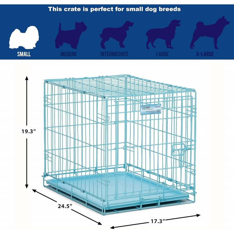 MidWest Homes for Pets Single Door Blue Folding Metal Dog Crate w/ Divider Panel, Floor Protecting 'Roller' Feet & Leak Proof Plastic Tray, 24L x 18W x 19H Inches, Small Dog Breed