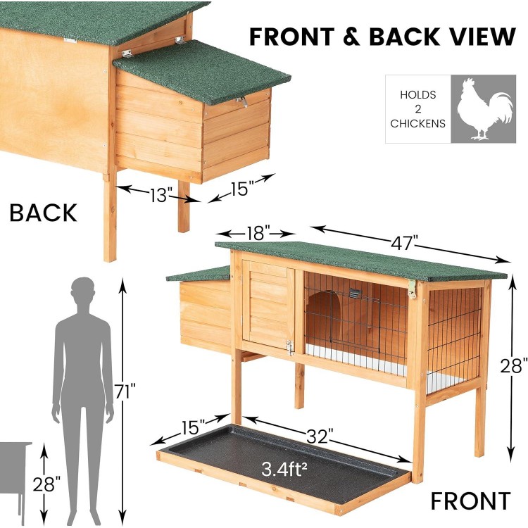 TAKUKA Outdoor Small Wooden Chicken Coop Poultry Pet with Nest Box, Hen House Cage Hutch with Weatherproof for Backyard Garden Farm (47W*18D*28H)