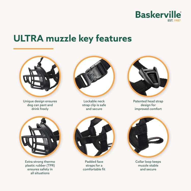 BASKERVILLE ULTRA MUZZLE - Patented Humane Design, Breathable, Dog can Pant and Drink, Adjustable, Padded, Training Muzzle for Medium-sized Dogs, Prevents Biting, Wildlife Scavenging (Size 4, Black)