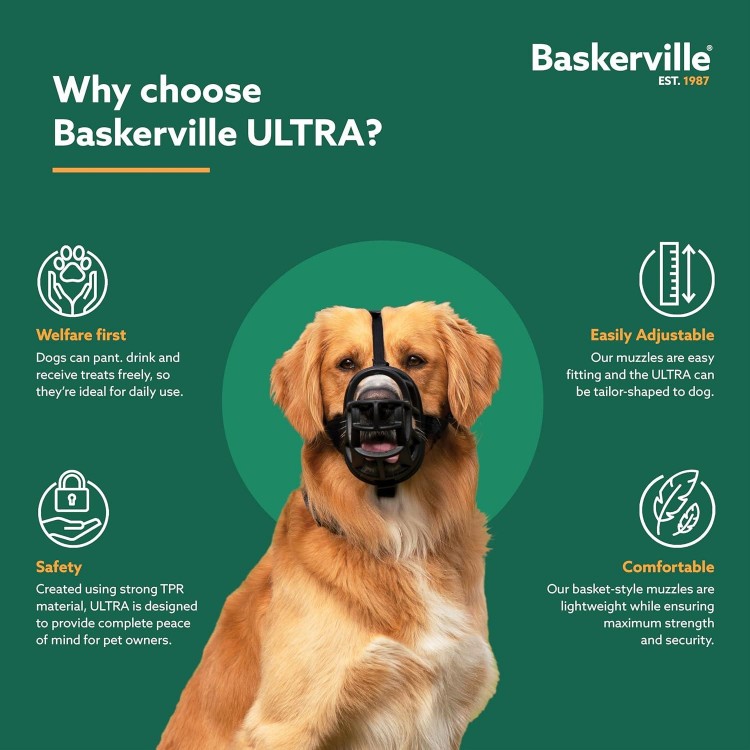 BASKERVILLE ULTRA MUZZLE - Patented Humane Design, Breathable, Dog can Pant and Drink, Adjustable, Padded, Training Muzzle for Medium-sized Dogs, Prevents Biting, Wildlife Scavenging (Size 4, Black)