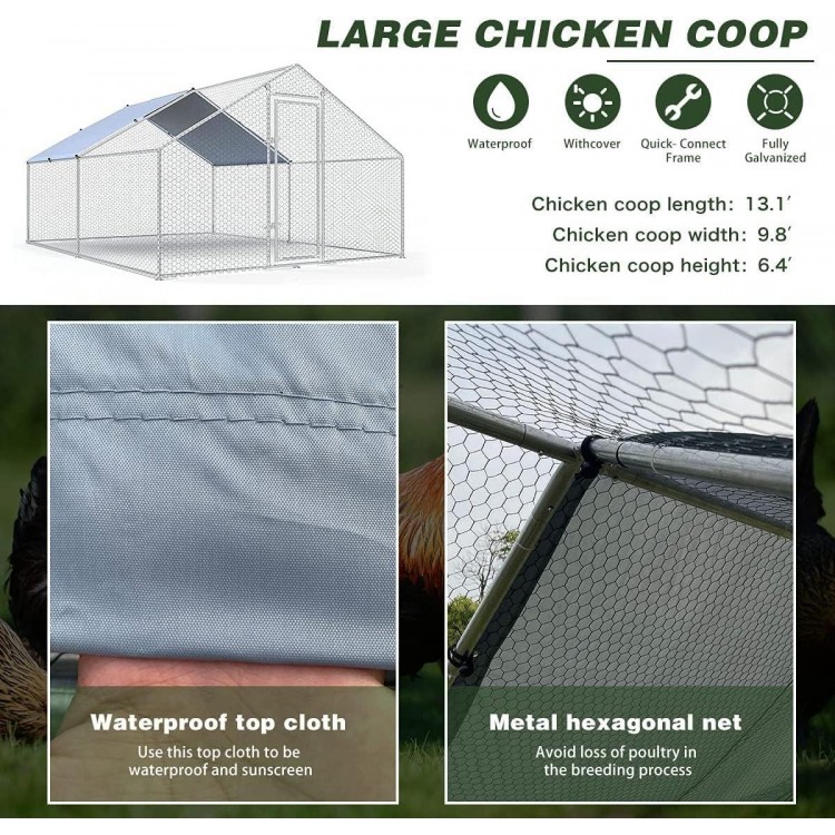 Large Metal Chicken Coop Walk-in Poultry Cage Chicken Run Pen Dog Kennel Duck House with Waterproof and Anti-Ultraviolet Cover for Outdoor Farm Use(9.8' L x 13.1' W x 6.4' H)