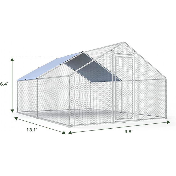 Large Metal Chicken Coop Walk-in Poultry Cage Chicken Run Pen Dog Kennel Duck House with Waterproof and Anti-Ultraviolet Cover for Outdoor Farm Use(9.8' L x 13.1' W x 6.4' H)