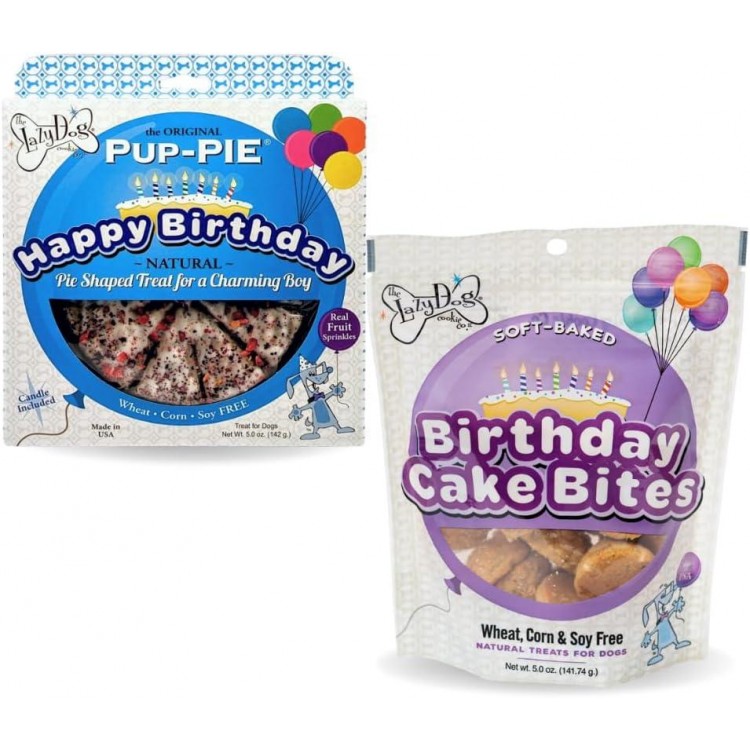 The Lazy Dog Cookie Co. - Original Pup-Pie - Happy Birthday Dog Treat for a Charming Boy, 5 oz with Bag of 5oz Birthday Cake Bite Mutt Mallows