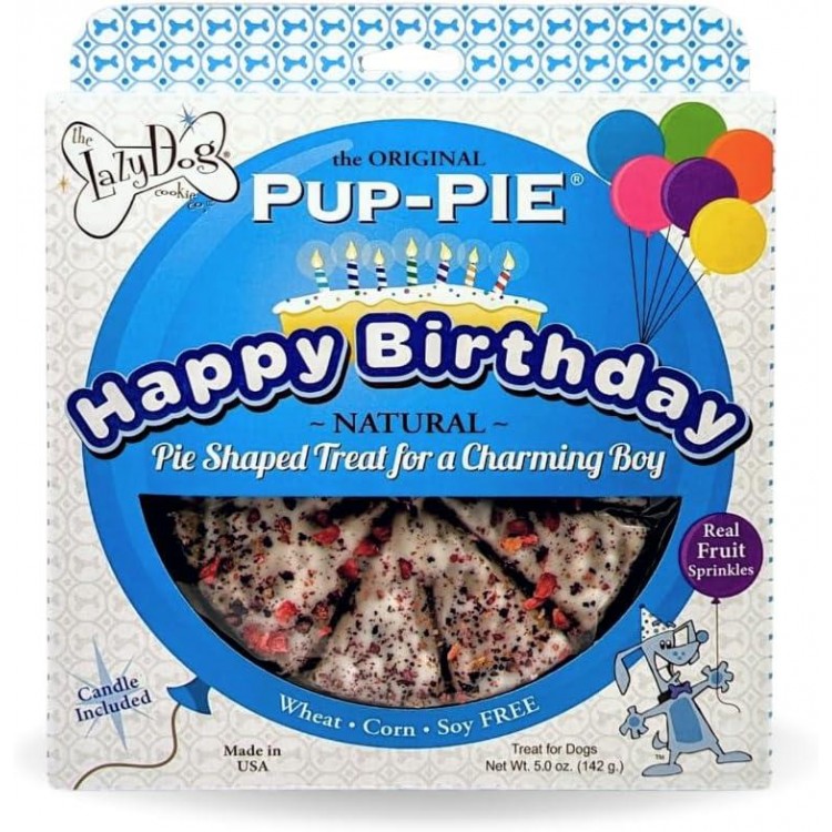 The Lazy Dog Cookie Co. - Original Pup-Pie - Happy Birthday Dog Treat for a Charming Boy, 5 oz with Bag of 5oz Birthday Cake Bite Mutt Mallows