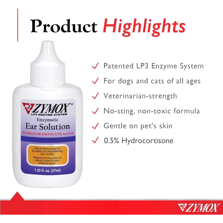 ZYMOX Enzymatic Ear Solution with 0.5-Percent Hydrocortisone, for Dog & Cat, 1.25 oz