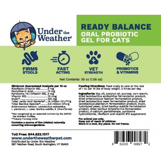 Under the Weather Pet | Ready Balance for Cats | Oral Probiotic and Prebiotic Gel | Maximum Strength Digestive Support | Beneficial Bacteria, Live Probiotics, Vitamins & Prebiotic Inulin