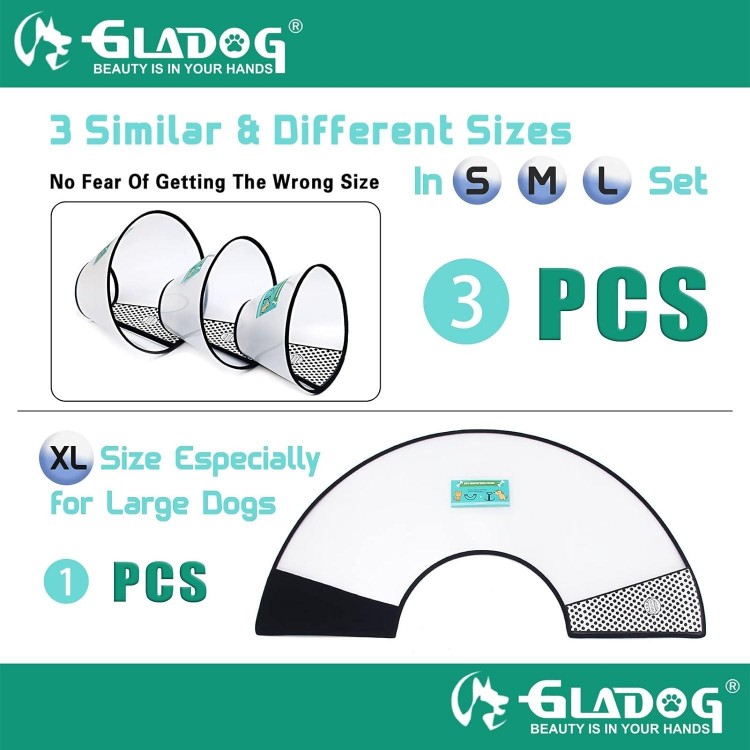 GLADOG Soft Dog Cone Collar, 3 PCS (XL Is Only 1 PCS) Flexible Plastic Cone for Dogs After Surgery, Dog Recovery Collar, Adjustable E-Collar for Large/Medium/Small Dogs Cat, Comfy Elizabethan Collar