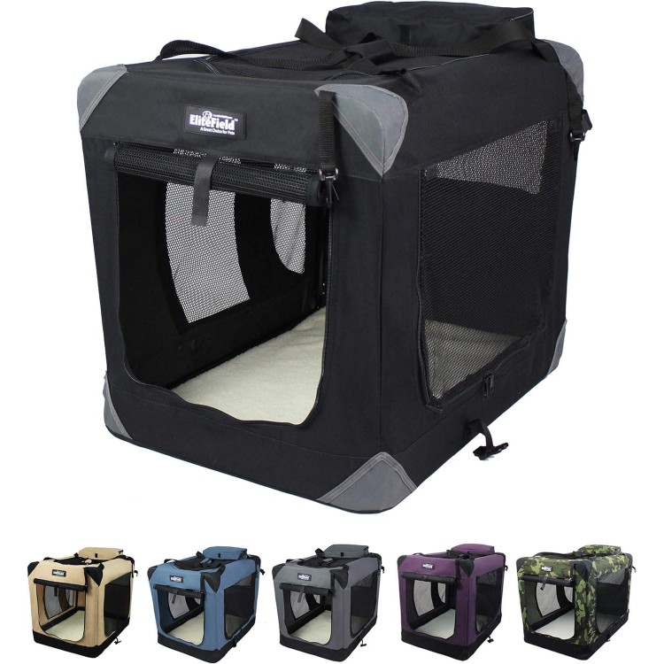 EliteField 3-Door Folding Soft Dog Crate with Carrying Bag and Fleece Bed (2 Year Warranty), Indoor & Outdoor Pet Home (42 L x 28 W x 32 H, Black)