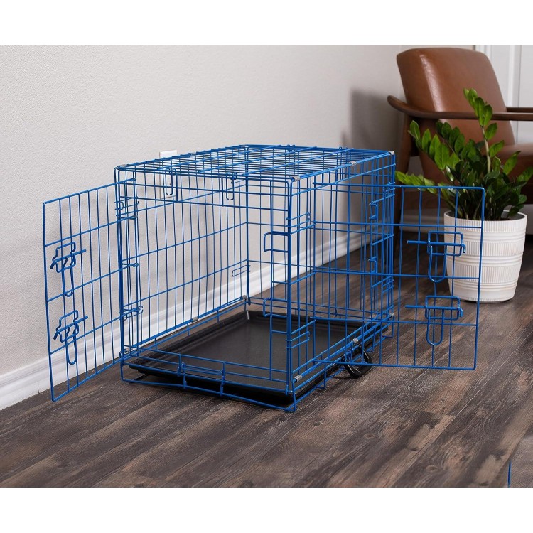 Internet's Best Wire Dog Crate for Dogs - Double Door Metal Steel Crate, Indoor Folding & Collapsible Cage, Secure & Durable, Portable Travel Kennel, Ideal for Home Use - Blue, 24 Inches