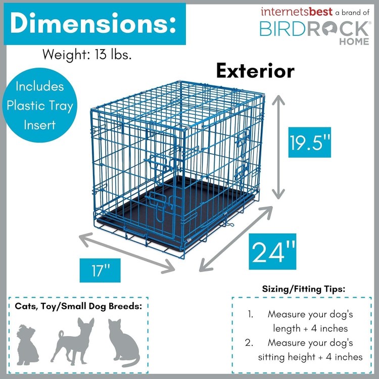 Internet's Best Wire Dog Crate for Dogs - Double Door Metal Steel Crate, Indoor Folding & Collapsible Cage, Secure & Durable, Portable Travel Kennel, Ideal for Home Use - Blue, 24 Inches