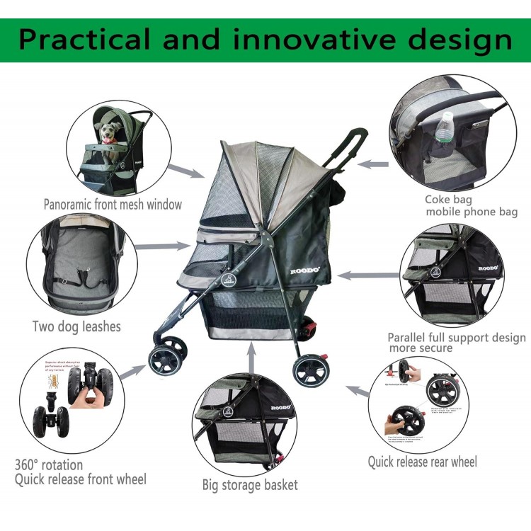 ROODO Escort 3Wheel Dog Stroller Pet Strollers Small Medium Dogs Cat Kitty Cup Holder Lightweight Foldable Portable Compact Pet Gear Jogger Puppy Travel System Foldable(Black)