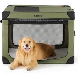 Lesure Soft Collapsible Dog Crate - 42 Inch Portable Travel Dog Crate for Extra Large Dogs Indoor & Outdoor, 4-Door Foldable Pet Kennel with Durable Mesh Windows (Green)