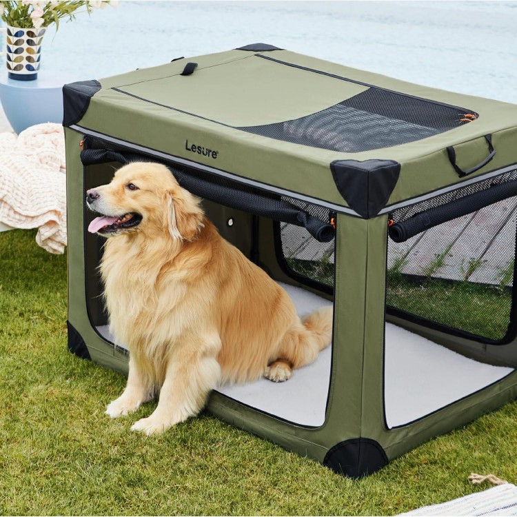 Lesure Soft Collapsible Dog Crate - 42 Inch Portable Travel Dog Crate for Extra Large Dogs Indoor & Outdoor, 4-Door Foldable Pet Kennel with Durable Mesh Windows (Green)