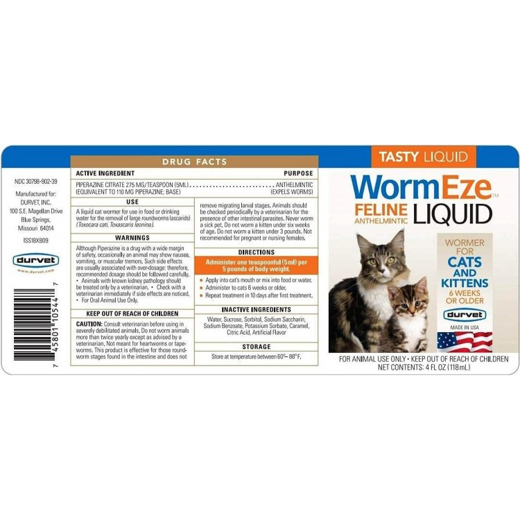 N/1 Cat Dewormer, Durvet Wormeze Feline Liquid Wormer for Cats & Kittens 4oz, Cat Wormer for All Worms, 3 Packs