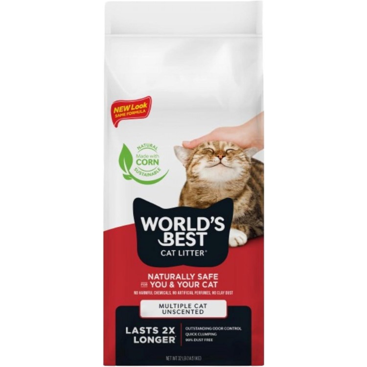 WORLD'S BEST CAT LITTER Multiple Cat Unscented, 32-Pounds - Natural Ingredients, Quick Clumping, Flushable, 99% Dust Free & Made in USA - Long-Lasting Odor Control & Easy Scooping