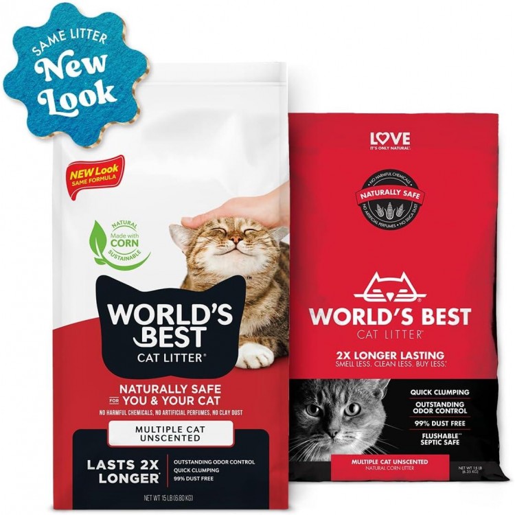 WORLD'S BEST CAT LITTER Multiple Cat Unscented, 32-Pounds - Natural Ingredients, Quick Clumping, Flushable, 99% Dust Free & Made in USA - Long-Lasting Odor Control & Easy Scooping