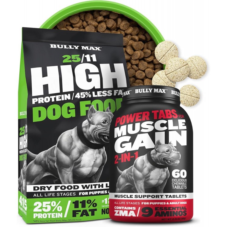 Bully Max 25/11 High Protein & Low Fat Dry Lamb Dog Food 5lbs. Bundle with Muscle Builder Power 60 Chewable Tabs for Puppies & Adult Dogs, All Breeds & Ages