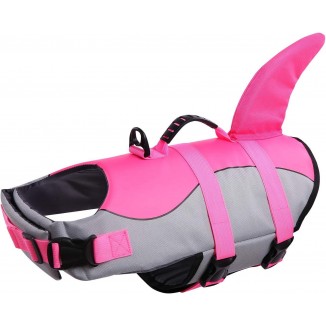 Queenmore Dog Life Jacket Ripstop Shark Dog Safety Vest Adjustable Preserver with High Buoyancy and Durable Rescue Handle for Small,Medium,Large Dogs, Pink Shark Medium