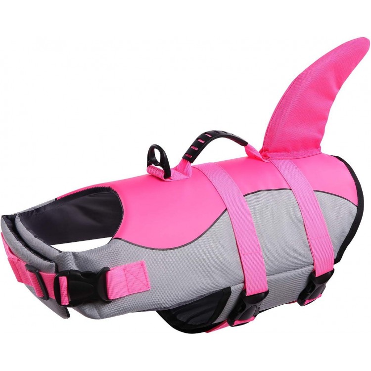 Queenmore Dog Life Jacket Ripstop Shark Dog Safety Vest Adjustable Preserver with High Buoyancy and Durable Rescue Handle for Small,Medium,Large Dogs, Pink Shark Medium