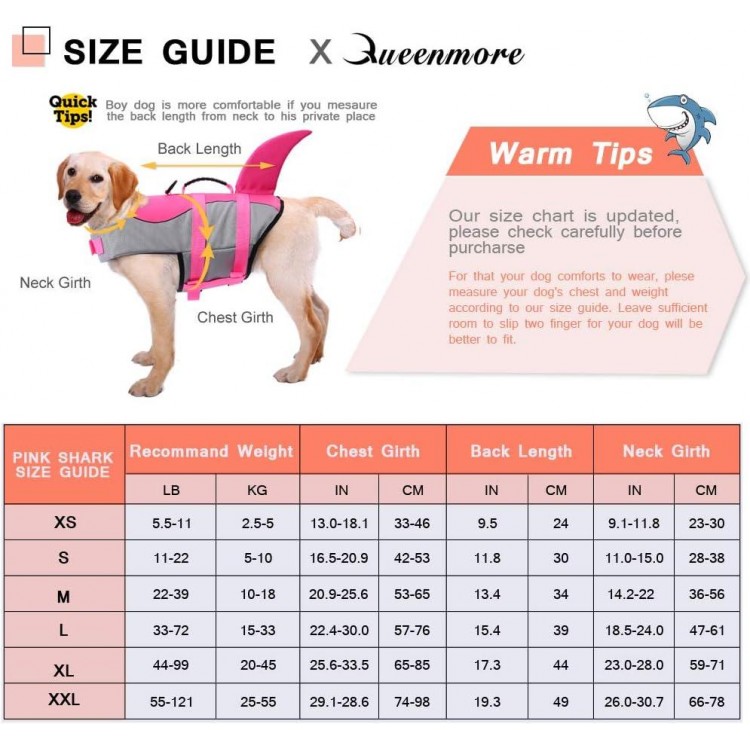 Queenmore Dog Life Jacket Ripstop Shark Dog Safety Vest Adjustable Preserver with High Buoyancy and Durable Rescue Handle for Small,Medium,Large Dogs, Pink Shark Medium